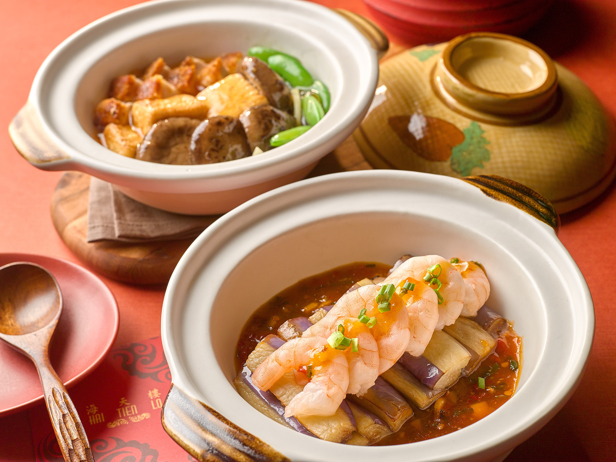 Claypot-Prawns-with-Aubergine-and-Salted-Fish,-Claypot-Beancurd-with-Pork-Belly-and-Chinese-Mushrooms