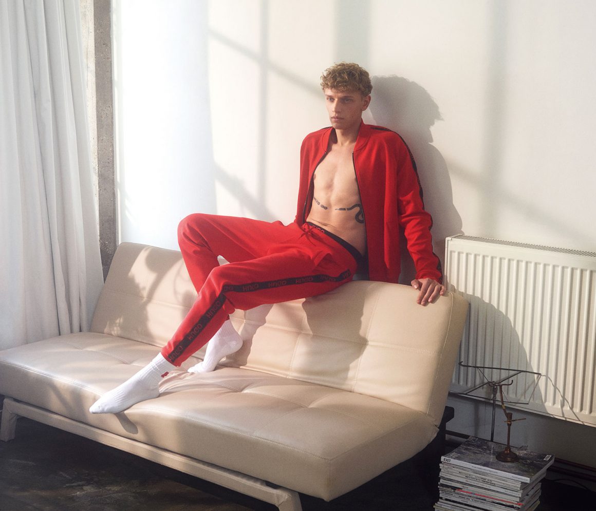 Regular-fit-bomber-jacket-with-logo-tape-in-Red,-Regular-fit-jogging-trousers-with-logo-tape-in-Red