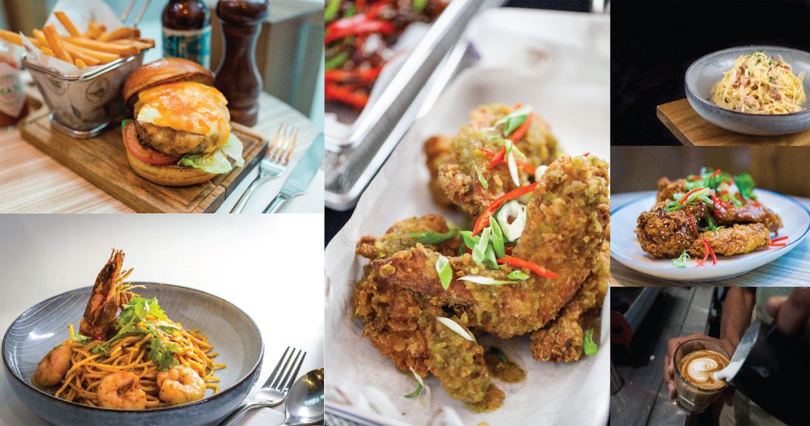 From clockwise, left to right: Boston Burger ($10.00), Hanoi Wings ($9.00), Florentine Carbonara ($10.00), Tokyo Wings ($9.00), Coffee ($5.00), Tiger Prawn Truffle Pasta ($15.00) / PHOTO: Olivia & Co.